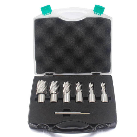 Front view of OSCARBIDE 7-piece annular cutter set in a plastic case; Weldon shanks, silver HSS cutters with pilot pin