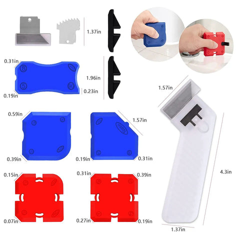 Components of 11 Piece Caulking Tool Kit With Sealant Finishing Tools showing tools, guides, and utility knife in detail