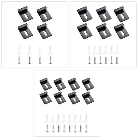 No Slip Glass Mounting Kit For Bathroom Walls Heavy Duty Glass Clamps in 4, 6, 8 pack with screws and anchors in black.