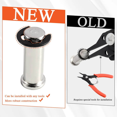 Footpeg Mounting Pins Kit With Clevis Pin, Spring Washer And Retaining Ring For Harley Rider And Passenger Footpegs, Male Mount-Style, Fits Dyna, Touring, Softail, Sportster Models, Black, comparison of new and old design with tool requirements.