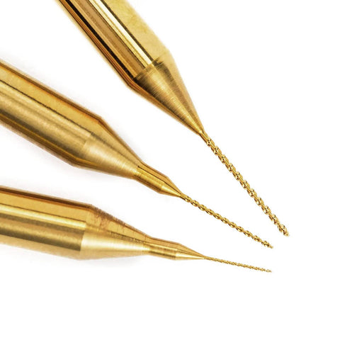 Close-up of 10 Pcs Micro Drill Bit Set 0.2mm to 1.1mm With 1 Eighth Inch Shank Spiral Flute CNC Router Bits in various sizes