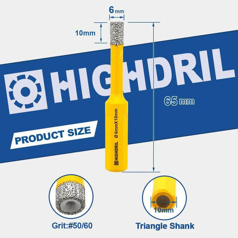 Front view of HIGHDRIL 5-piece dry diamond core drill bit set, 6 mm diameter, triangle shank