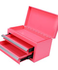 Pink Mini Toolbox Featuring Two Smooth Pullout Drawers And Heavy Duty Iron Frame Compact Portable Gear Case rig open with drawers extended