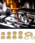 Pro Tier Brass Router Template Bushing Guide Set With Bulletproof Lock Nut Adapter And Portable Carry Case showing brass guides and milling process.
