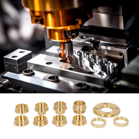 Pro Tier Brass Router Template Bushing Guide Set With Bulletproof Lock Nut Adapter And Portable Carry Case showing brass guides and milling process.