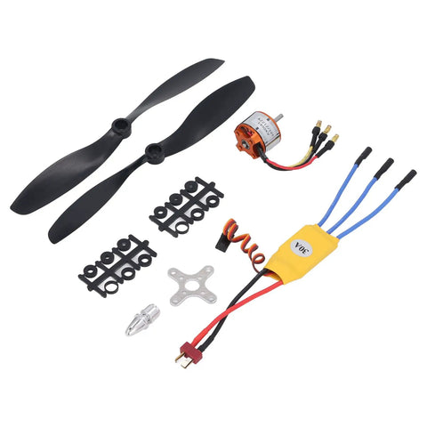 A2212 1400KV Brushless RC Drone Motor With 30A ESC For 2 To 3S LiPo Power, propellers, connectors, and components shown in image