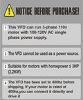 Notice for VFD Converter 110V Single Phase To 110V Three Phase Drive For Up To 3HP Motors, 0 To 400Hz Spindle Speed