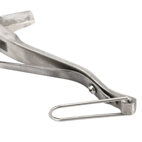 Close-up of stainless steel ear tag plier for livestock identification with V shape notcher, ergonomic veterinary tool.