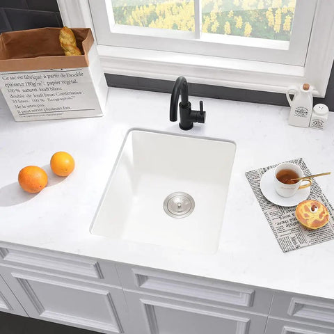 Undermount White Bar Sink 15x17 Deep Single Bowl For Wet Bar And RV Kitchen, Quartz Composite, Built Tough Hygienic Non Porous Surface