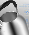 Close-up of 4.2 Quart Stainless Steel Whistling Tea Kettle With Brushed Satin Finish Induction And Gas Stove Top Compatible Durable SUS304 Build, Easy Pour Spout, A Real Kitchen Must Have For Boiling Water And Tea At Home, highlighting handle and spout.