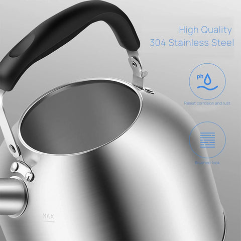 Close-up of 4.2 Quart Stainless Steel Whistling Tea Kettle With Brushed Satin Finish Induction And Gas Stove Top Compatible Durable SUS304 Build, Easy Pour Spout, A Real Kitchen Must Have For Boiling Water And Tea At Home, highlighting handle and spout.