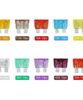 Color-coded fuses from 100 Piece Standard Blade Fuse Kit For Auto And Marine, 5A To 50A Assortment, in clear display