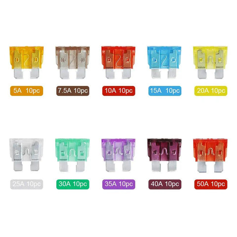 Color-coded fuses from 100 Piece Standard Blade Fuse Kit For Auto And Marine, 5A To 50A Assortment, in clear display