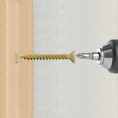 Drill inserting gold screw into wood from the 20 Pack Gold Anchors And Screws Kit For Hollow Walls With Tree Shape Expansion, 6x32mm