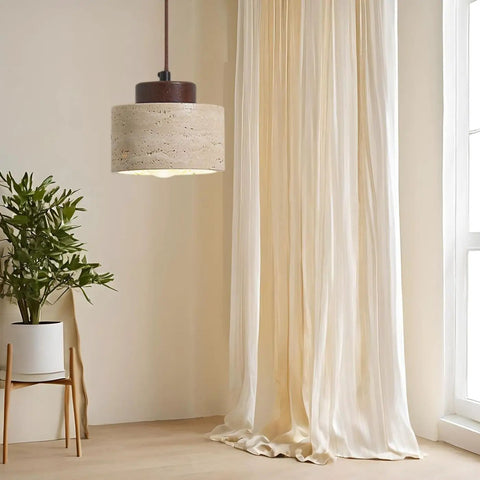 Modern Mini Pendant Light, Travertine Stone Light Fixture with Wooden Accent hanging above a plant and curtains in a bright room.