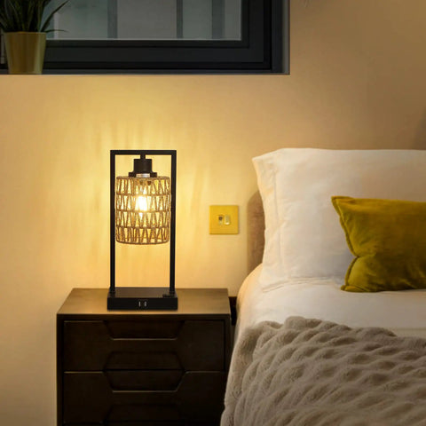 Farmhouse Rattan Table Lamps Set of 2 with Boho Vibe on bedside, touch control and dimmable, in cozy bedroom setting