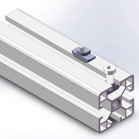 50 Pack 4040 Series M8 Hammer Head T Slot Nuts installed in 40 Series Aluminum Extrusion, nickel plated carbon steel in an 8mm slot