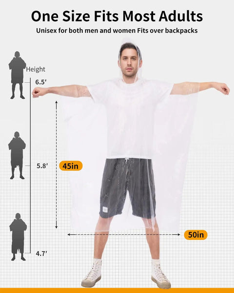 Extra Long Disposable Rain Ponchos for Adults with Hood Yellow Waterproof Emergency Rain Gear Stay Dry 6 Pack size chart