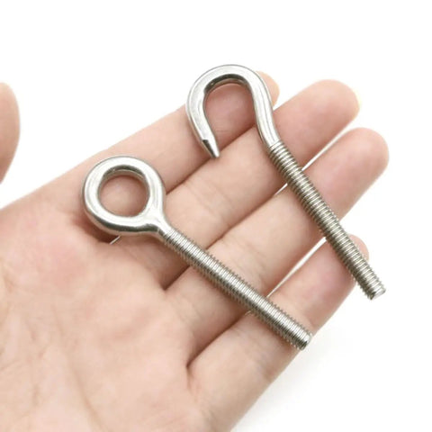 10Pcs M6 Stainless Steel Ring Eye Bolts Set With Welded Closed Eyes Rod Eye Screws Includes 20 Nuts And 40 Washers Beefy Heavy Duty Hoisting Gear For Lifting And Hanging In Home Workshop Farm Or Garage, two M6 stainless steel eye bolts in hand