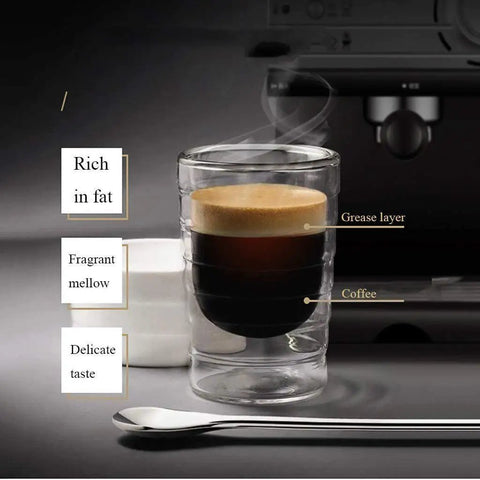 Perfect latte from the Top Shelf Semiautomatic Espresso Maker With A Mean 20 Bar Pump And Sleek Milk Frother in a clear glass