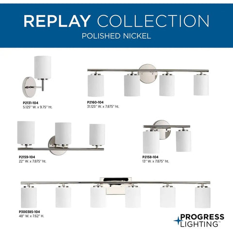 Progress Lighting Replay Collection polished nickel vanity lights, showing five designs with etched white glass, various sizes.