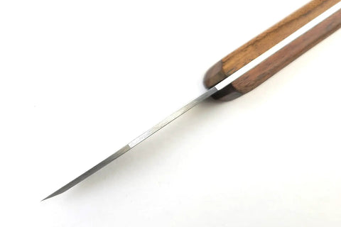 Close-up of the Badass Dual Bevel Marking Knife With Heavy Duty Stainless Steel Blade and Rosewood Handle.