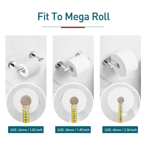 Polished Chrome Toilet Paper Holder With Pivoting Double Posts, Heavy Duty Wall Mount Dispenser For Mega Jumbo Rolls, shown in three sizes