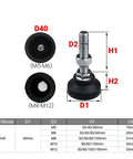 Beefy Adjustable Lathe Leg Set With 40mm Diameter Leveling Feet visual details showing dimensions and threaded options M5-M12