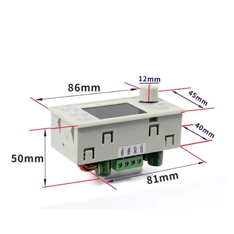 Dimensions of DC Boost Buck Converter Module With Adjustable Voltage And Current Regulator shown in white casing with LCD display.