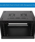 6U Wall Mount Server Cabinet Enclosure With Quiet Cooling Fans 2x, Brush Cable Management Panel, Adjustable Rails, Black Finish