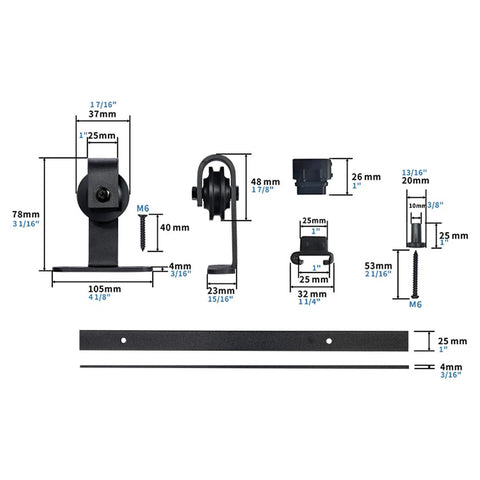 Top Shelf Heavy Duty Sliding Barn Door Roller Kit With Whisper Quiet Gliders and Smooth Operator Hardware parts and measurements.