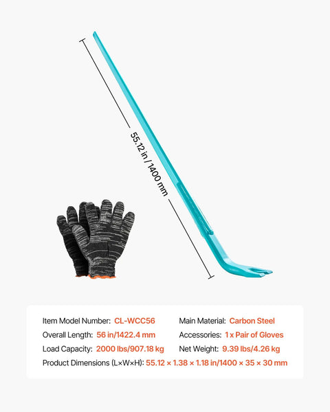 Monster Pry Bar With 52.5 Inch Carbon Steel Handle For Demolition And Concrete Teardown Heavy Duty Crowbar 2000lbs Prying Capacity shown with gloves