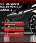 Car highlighting benefits of suspension for 99% of car models, emphasizing better control and steering ease.