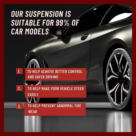 Car highlighting benefits of suspension for 99% of car models, emphasizing better control and steering ease.
