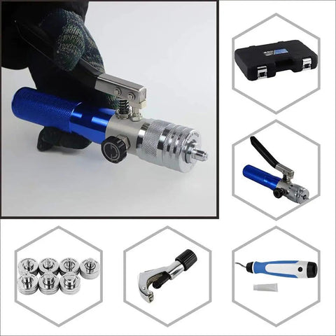Hydraulic Copper Tube Expander Kit With Seven Interchangeable Heads For Three Eighths To Eleven Eighths Inch Tubing Swaging And Expanding Tool Set For HVAC Plumbing And Refrigeration Effortless Expansion showing components on white background