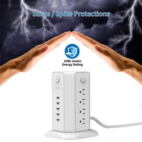 8-Outlet Tower Surge Protector With USB Charging Station, 6-Foot Flat Plug Power Strip For Home Office, Individual Switches, 1080 Joules