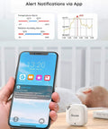 Bluetooth Hygrometer Thermometer Mini Wireless Humidity Sensor With Notification Alerts shown connecting via app in nursery