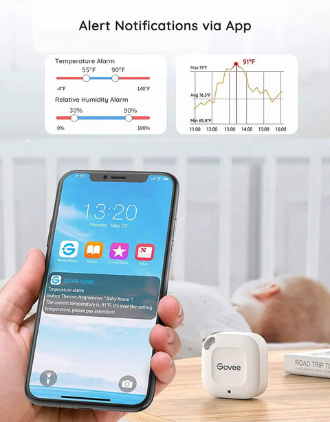 Bluetooth Hygrometer Thermometer Mini Wireless Humidity Sensor With Notification Alerts shown connecting via app in nursery