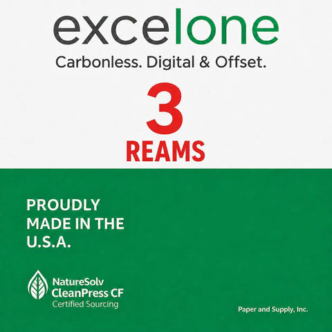 Image of Carbonless Cut Print And Copy Paper For Letter Size 21 Lb 92 Brightness, showing 3 reams logo and USA-made certification.