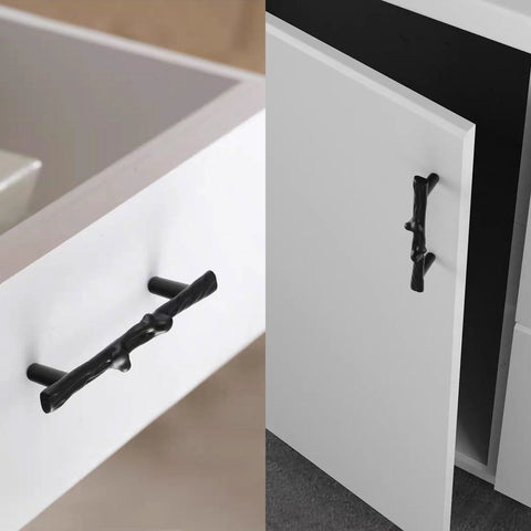 8 Piece Black Tree Branch Cabinet Handles Set, Natural Twig Design Drawer Pulls With 3 Inch Center Hole on white cabinetry