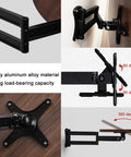 Heavy Duty Fold Down Wall Bracket For Tight Squeeze Areas And Over Bed Reading Stand Smooth Swivel Pivot Arm close-up of sturdy aluminum design and adjustable angles