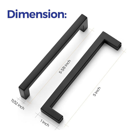 10 Pack Matte Black Cabinet Pulls With 5 Inch Hole Center Square Bar Slim Drawer Handles with dimensions and measurements shown