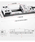 Heavy Duty CNC Milling Vise Featuring Bulletproof Clamping Grip And Cross Grain Bed for precise dimensions and specifications.