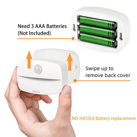 6 Pack Motion Sensor Lights Indoor Battery Operated Wireless Stick On Night Lamps battery compartment view with AAA batteries