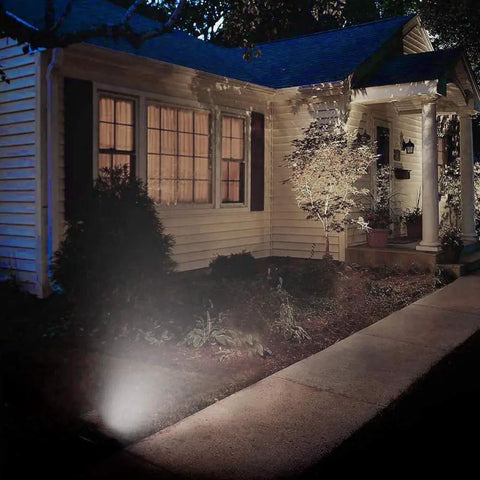50W Warm White LED Flood Light Kit 12V DC To 60V Low Voltage Security Light illuminating a house exterior at night