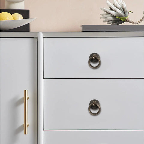 Vintage Style Ring Pull Cabinet Handles 4 Pack Antique Bronze Drawer Pulls for a white dresser, single hole, old school vibe.
