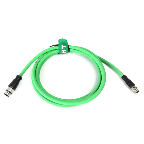 Industrial M8 A-Coded to M12 D-Coded 4-Pin Ethernet Cable PUR Shielded 5M, green cable on white background.