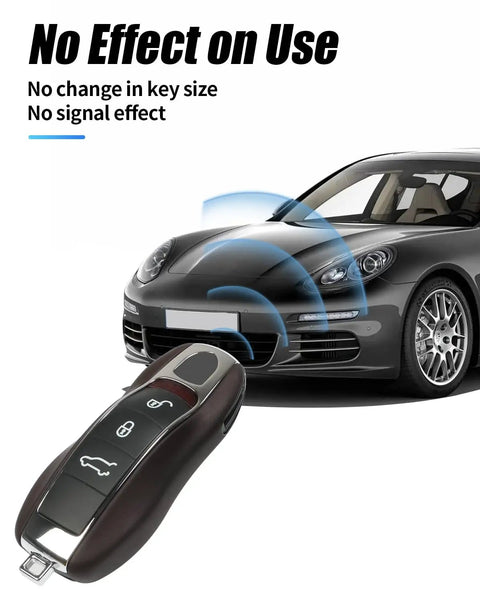 Marsala Red Leather Ride Ready Key Fob Cover For Porsche Macan Panamera 911 Cayenne 718 Cayman Boxster with car in background