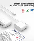 24V LED Power Supply With Dimmer Switch For DIYers Home Lighting 1A UL Listed PWM Stepless Dimming For Smooth Brightness Flicker Free Operation Reliable Constant Voltage Driver For Single Color COB LED Strips, white adapter with UL logos