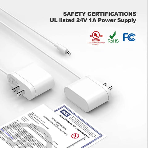 24V LED Power Supply With Dimmer Switch For DIYers Home Lighting 1A UL Listed PWM Stepless Dimming For Smooth Brightness Flicker Free Operation Reliable Constant Voltage Driver For Single Color COB LED Strips, white adapter with UL logos